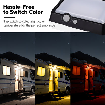 RV 12V Exterior Porch Light Awning Light with 3 Lighting Modes (1800K, 6500K, Red) Waterproof White Base IP66, Ideal for Boat Cabin Truck Motorhome RV, Black