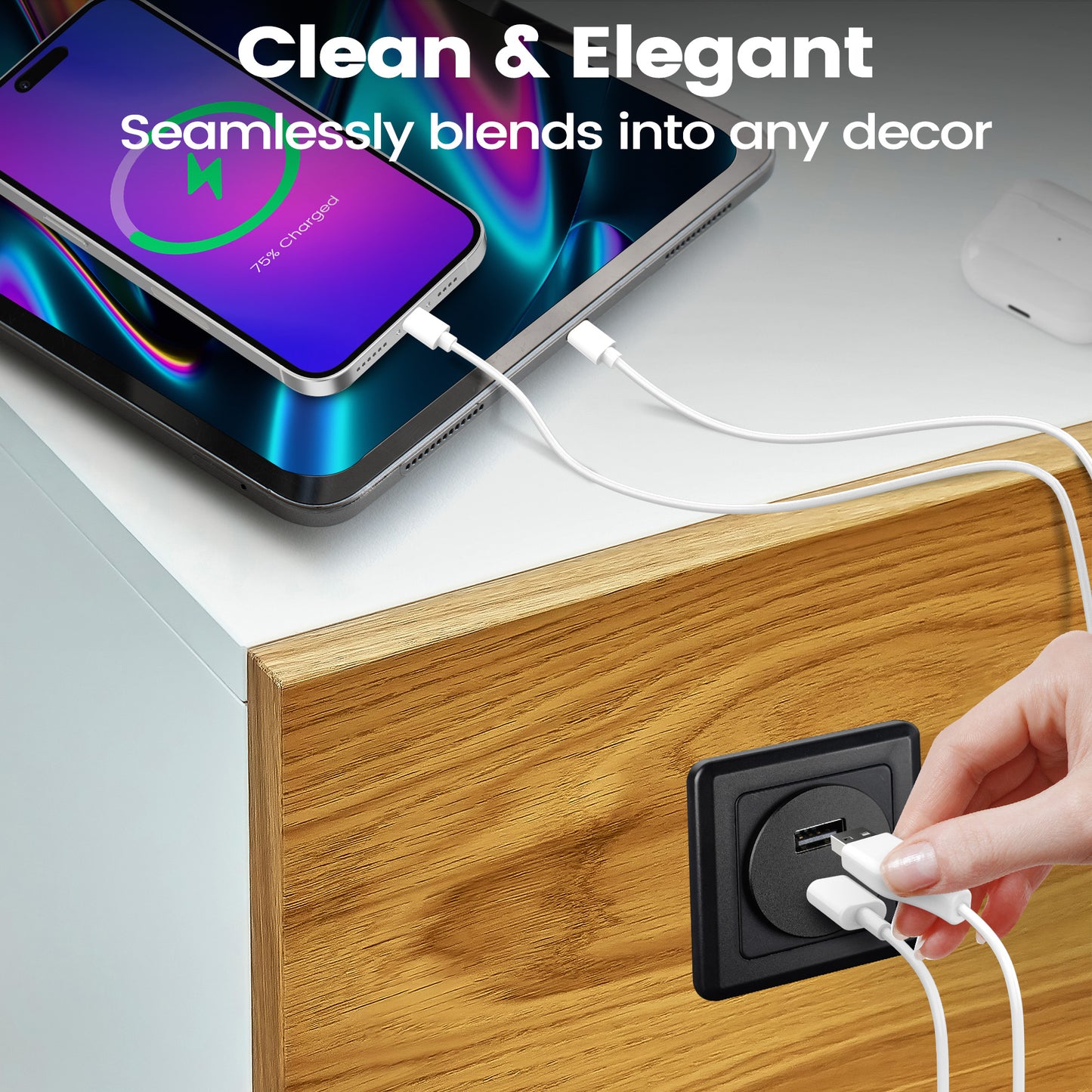 42W 12V USB Socket Outlet, USB C +USB A with Black Faceplate