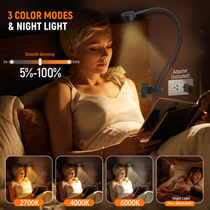 Clip On Reading Light, 3 Color Mode Dimmable LED,USB-C Adapter Included