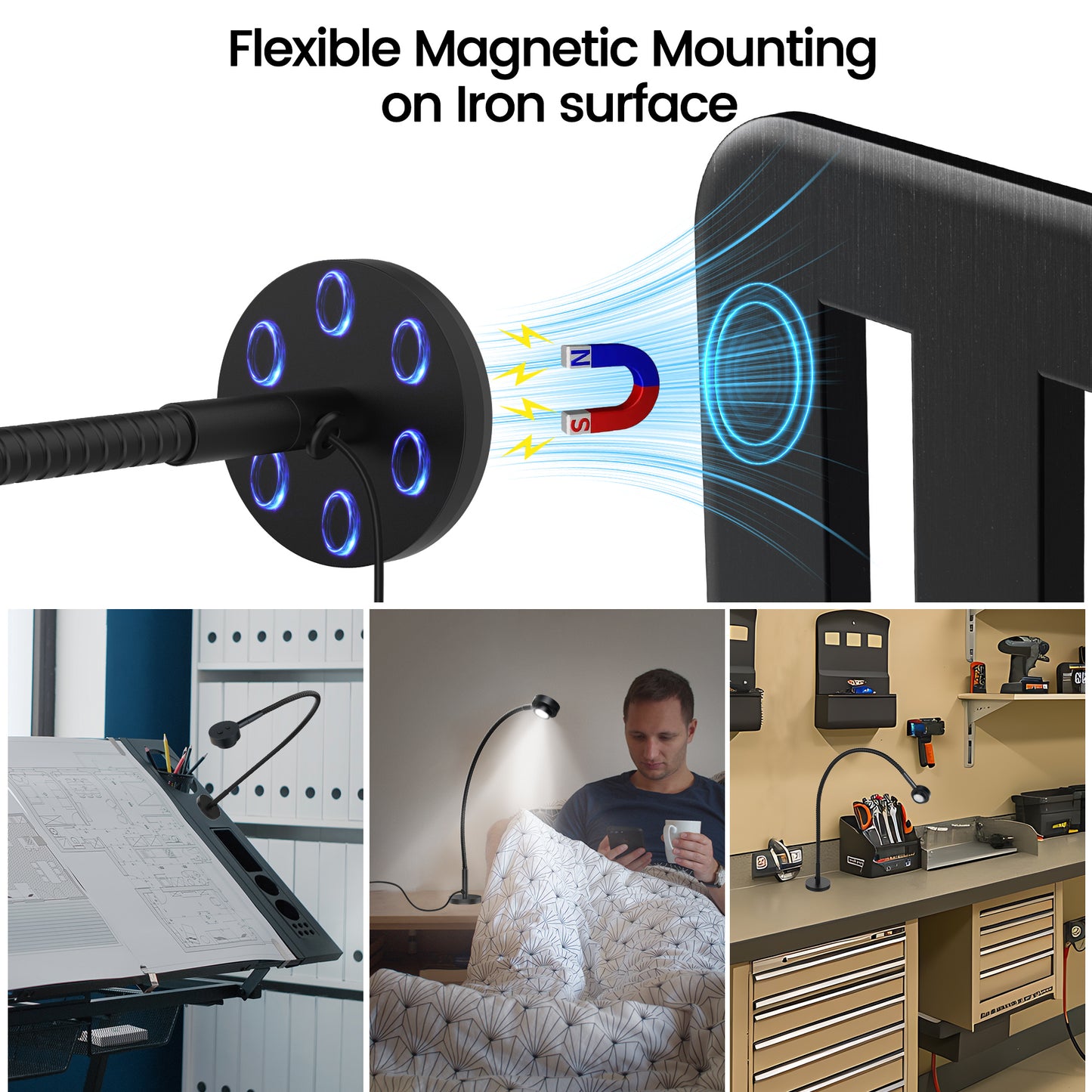 Flexible Reading Light,Book Light,Desk Lamp,Magnetic Base,3 Color Dimmable Gooseneck LED CRI95+ USB-C Adapter Included