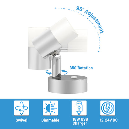 12V LED Reading Light, RV wivel Wall Lamp Built-in USB Charger