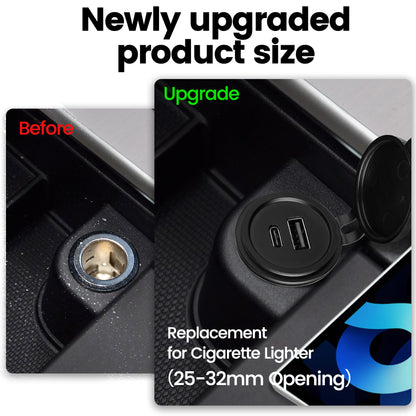 48W 12V USB Socket Outlet, USB C +USB A, Hole 1"(25mm)