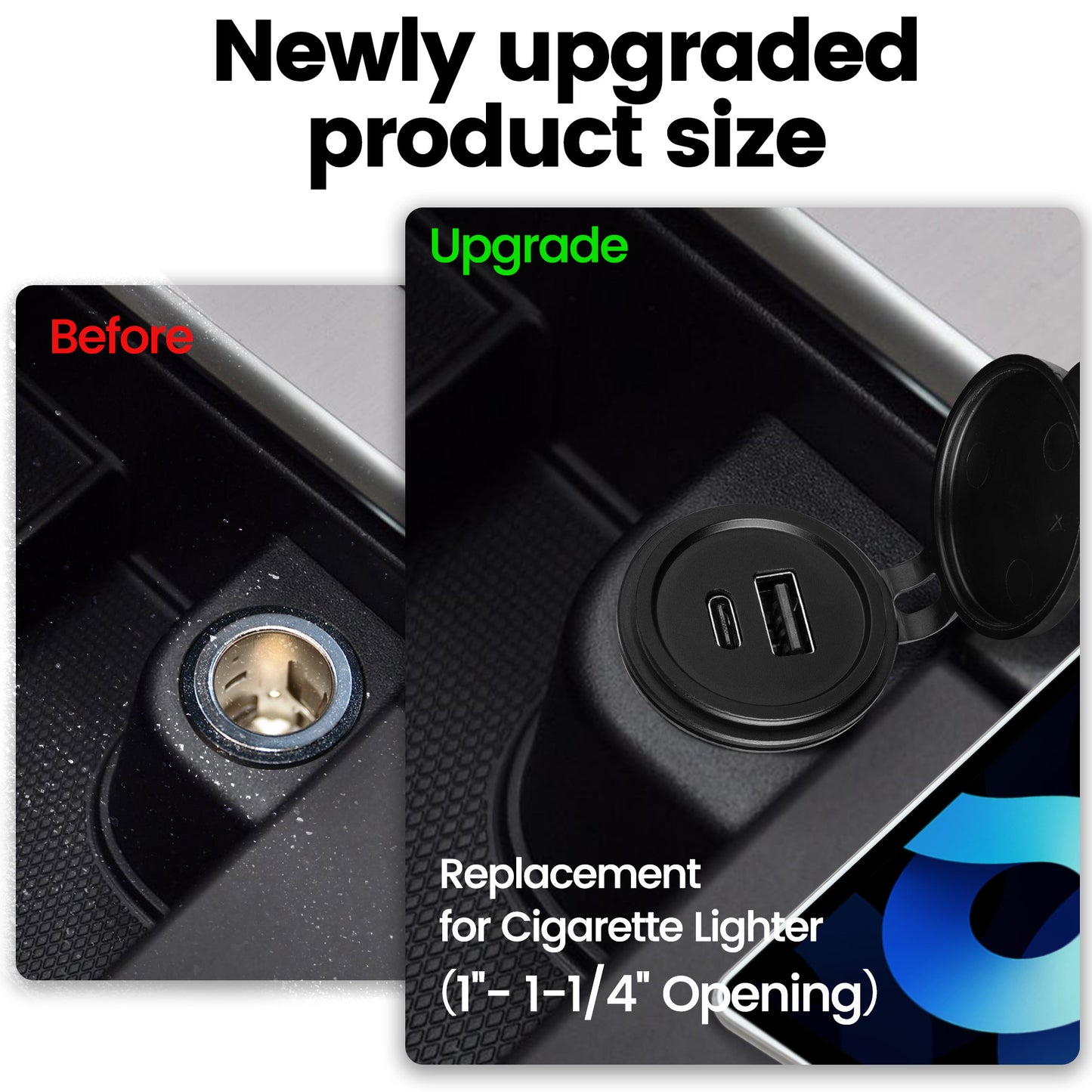 48W 12V USB Socket Outlet, USB C +USB A, Hole 1"(25mm)