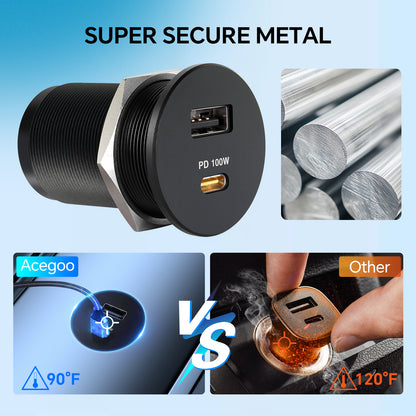 118W 12V USB Socket Aluminum Outlet, 100W PD3.0 USB-C & 18W QC3.0 USB-A