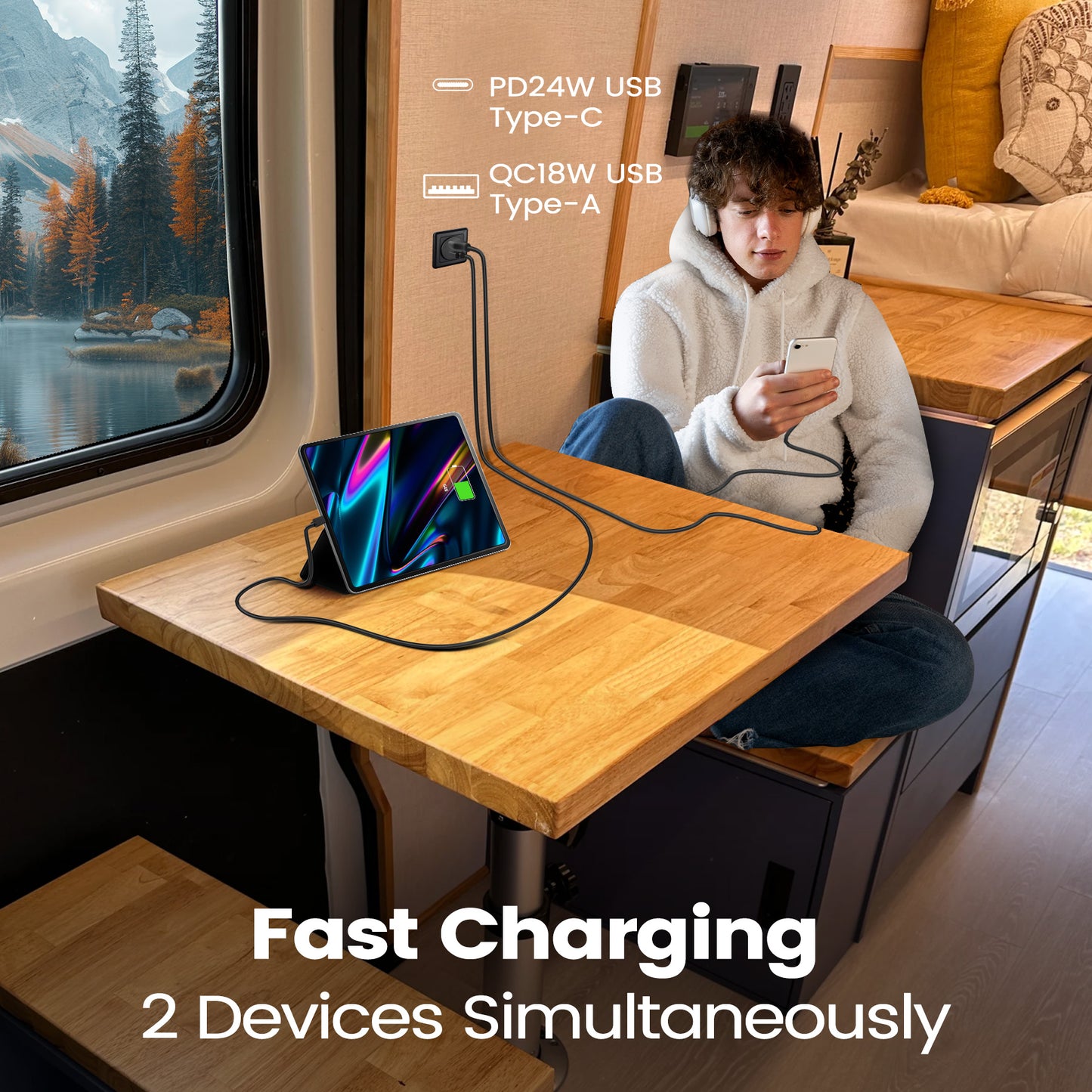 42W 12V USB Socket Outlet, USB C +USB A with Black Faceplate