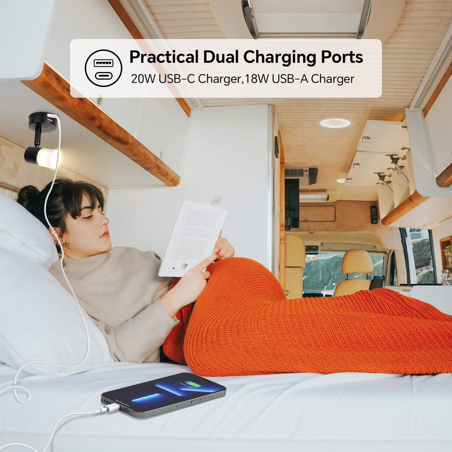 12V Reading Light RV 3200K/Red Night Light Built-in USB-A 18W & USB C 20W Charger