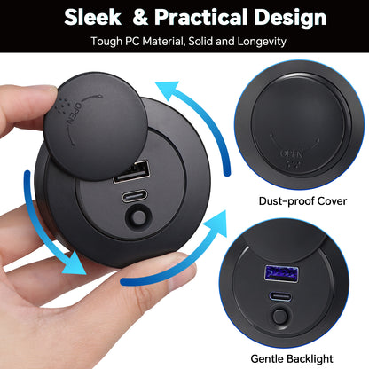 48W 12V USB Socket Outlet, USB C +USB A, Surface Mount Built-in Switch& Blue Backlight