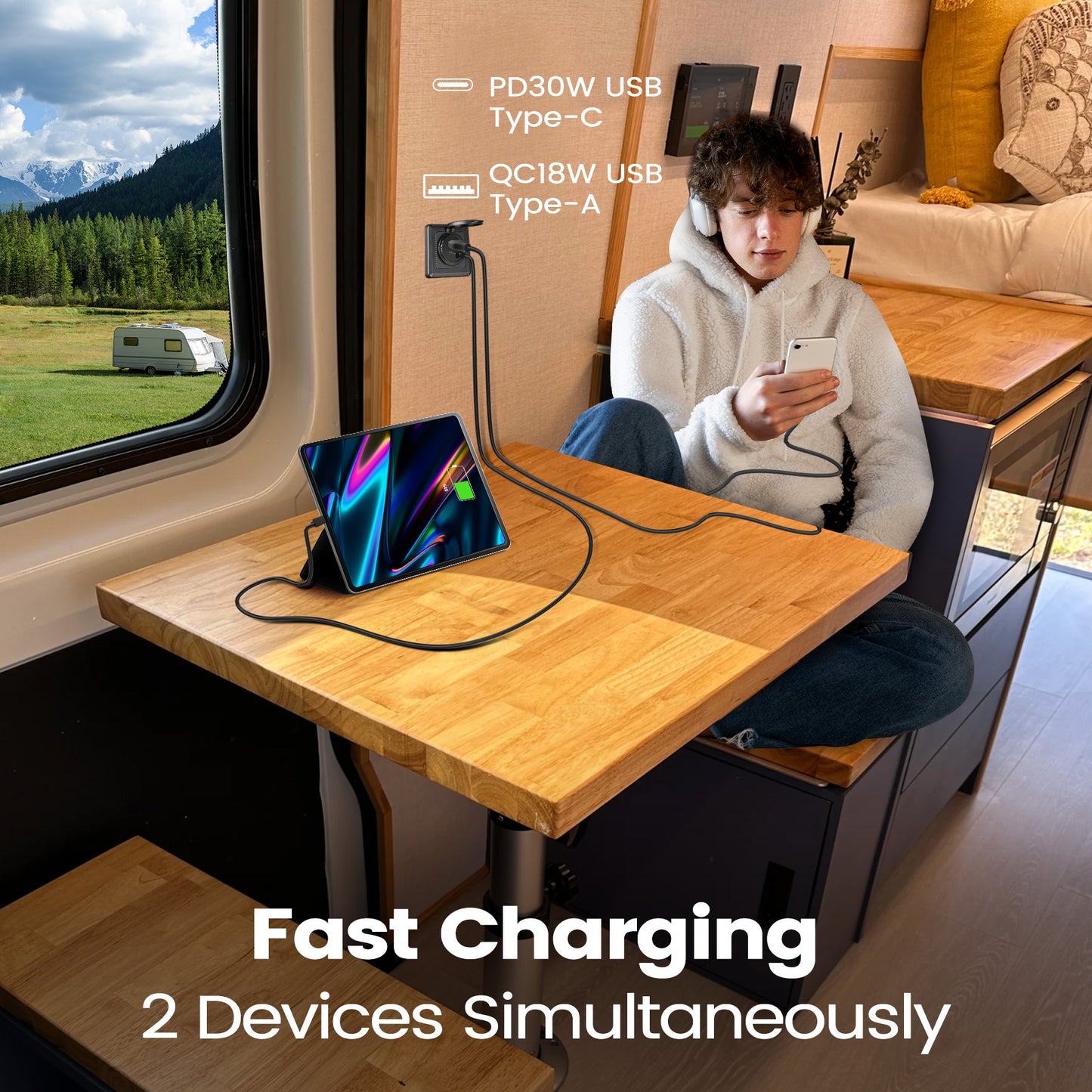 48W 12V USB Socket Outlet, USB C +USB A with Black Faceplate