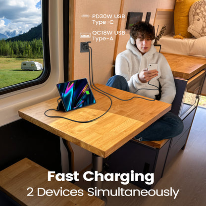 48W 12V USB Socket Outlet, USB C +USB A with Black Faceplate