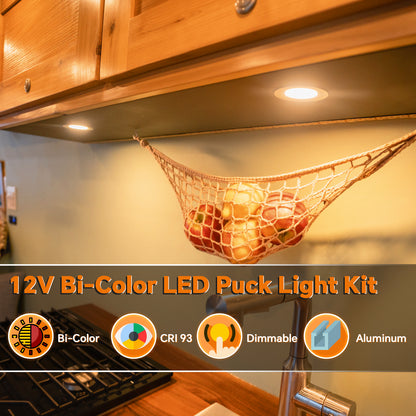 12V LED Puck Light Kit,  3” Recessed 12V Bi-color LED Downlight Full Aluminum for Boat Camper Van Trailer Motorhome, 3W CRI90+ Dual Color (12V Dimmer included)