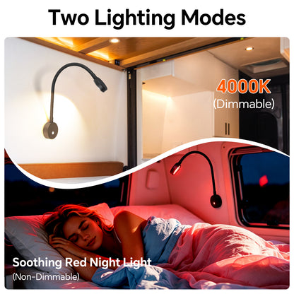 12V LED Reading Light RV Boat LED Inbuilt USB-C Charger 4000K & Red Night Light