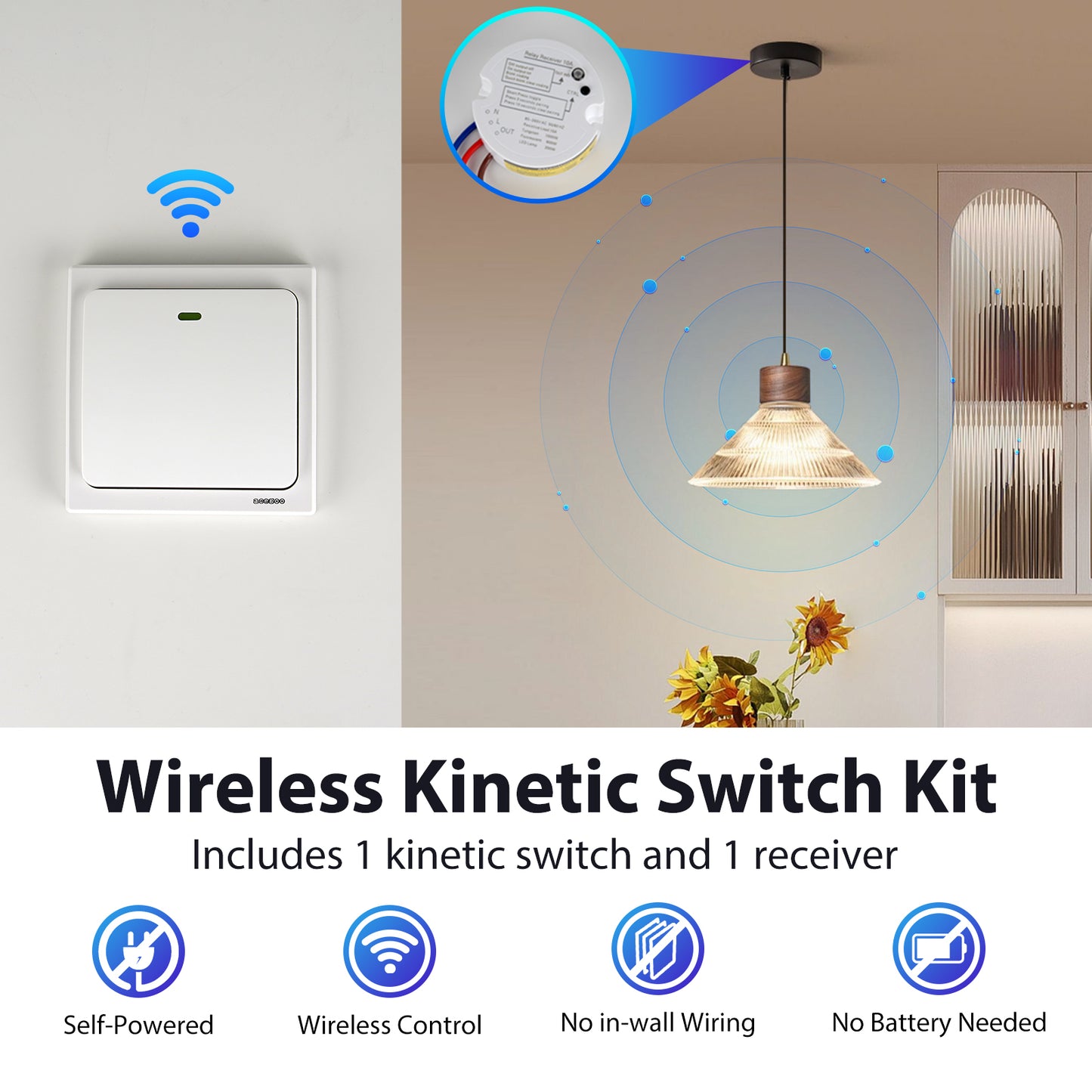 Acegoo Wireless Lights Switch Kit - Self-Powered Battery Free Transmitter with Receiver Remote Control House Lighting & Appliances (Switch, Receiver Included) 10A