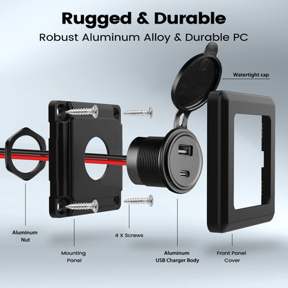 48W 12V USB Socket Outlet, USB C +USB A with Black Faceplate