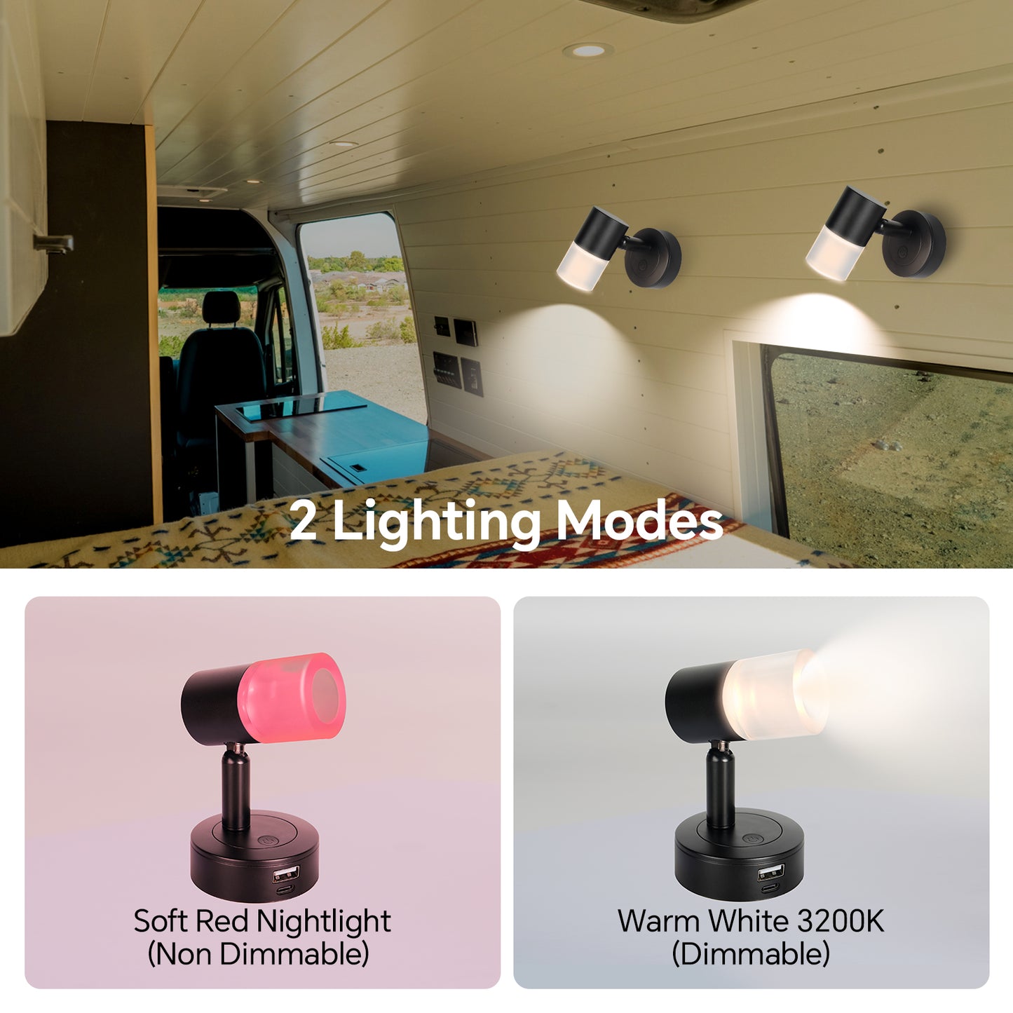 12V Reading Light RV 3200K/Red Night Light Built-in USB-A 18W & USB C 20W Charger