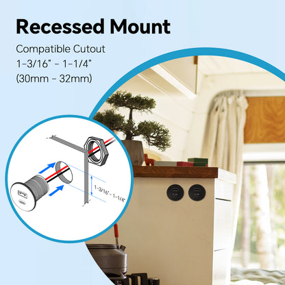 118W 12V USB Socket Aluminum Outlet, 100W PD3.0 USB-C & 18W QC3.0 USB-A