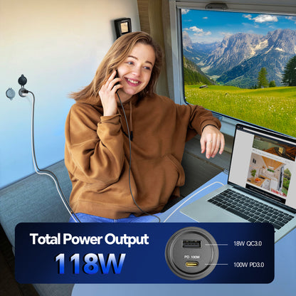 118W 12V USB Socket Aluminum Outlet, 100W PD3.0 USB-C & 18W QC3.0 USB-A