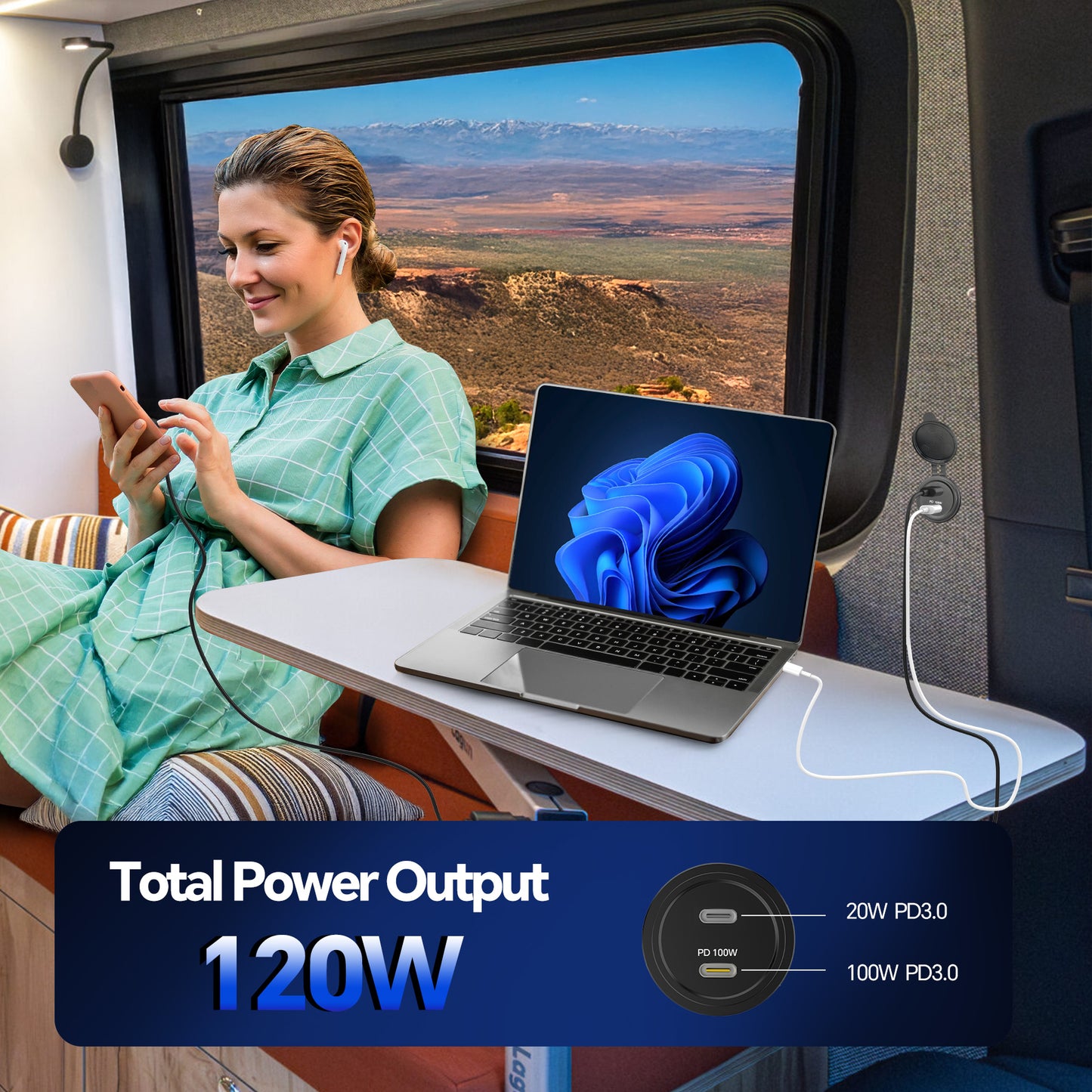 120W 12V USB C Socket 100W PD & 20W PD RV USB Outlet All-Aluminum