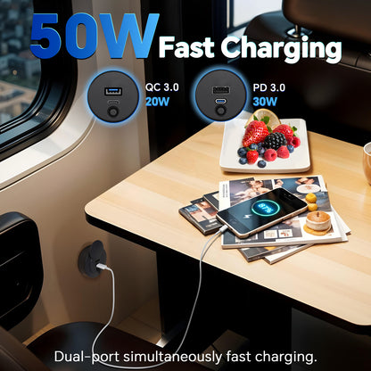 48W 12V USB Socket Outlet, USB C +USB A, Surface Mount Built-in Switch& Blue Backlight