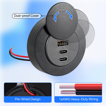 72W 3-Port RV USB Outlet, Surface Mount 12V USB Fast Charger Socket
