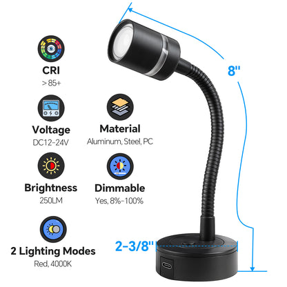12V LED Reading Light Dimmable 4000K/Red Nightlight Built-in 20W Type-C Charger 2 Pack