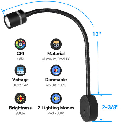 RV 12V LED Reading Light 4000K / Red Nightlight Built-in 20W Type-C Charger