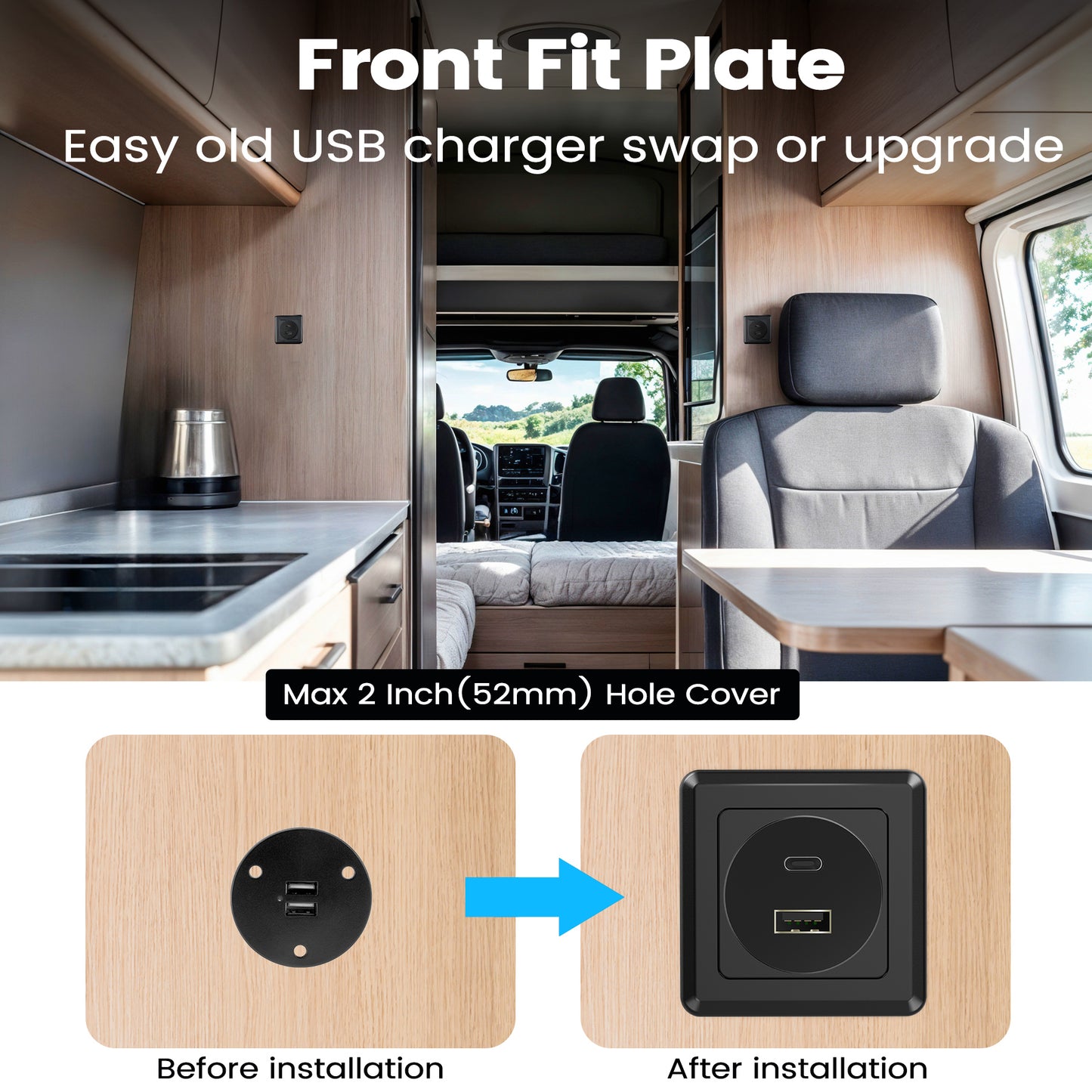 42W 12V USB Socket Outlet, USB C +USB A with Black Faceplate