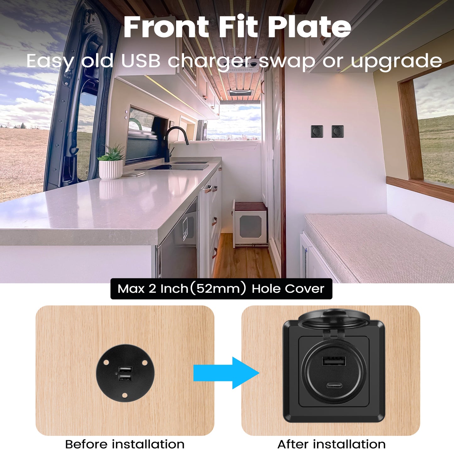 48W 12V USB Socket Outlet, USB C +USB A with Black Faceplate