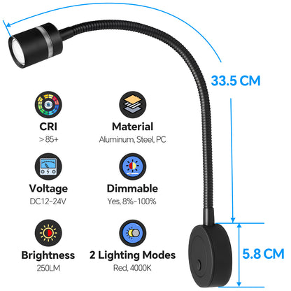 RV 12V LED Reading Light 4000K / Red Nightlight Built-in 20W Type-C Charger