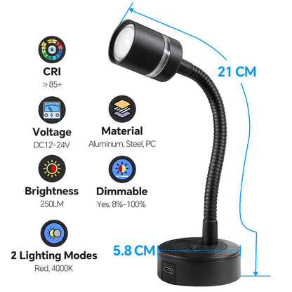 12V LED Reading Light Dimmable 4000K/Red Nightlight Built-in 20W Type-C Charger 2 Pack