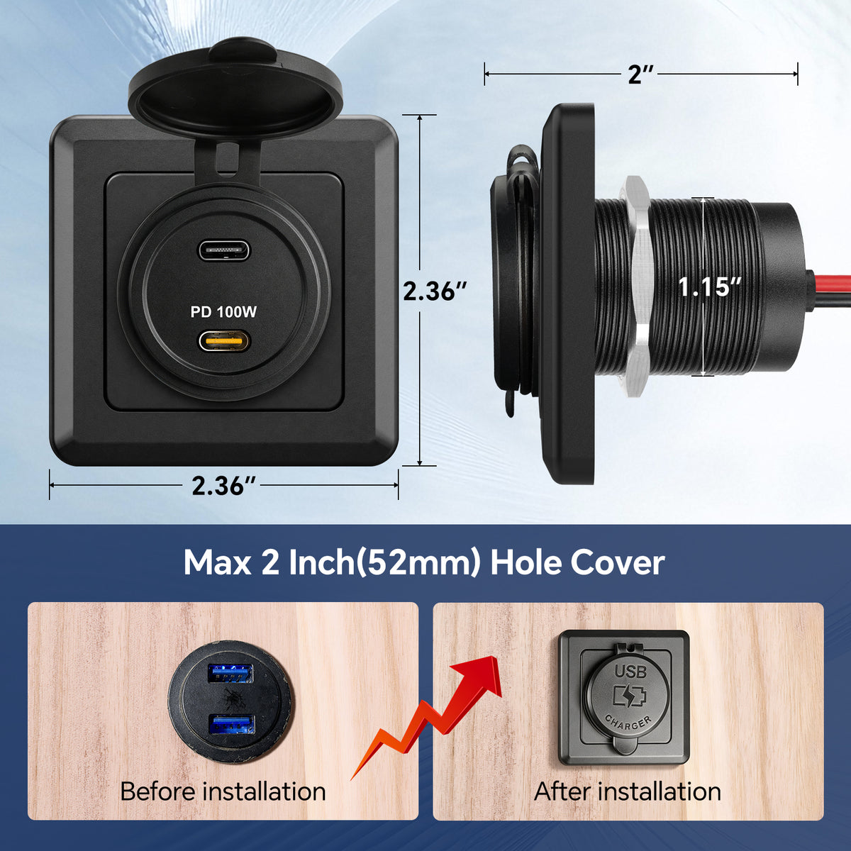 120W 12V USB C Socket 100W PD & 20W PD RV USB Outlet Aluminum
