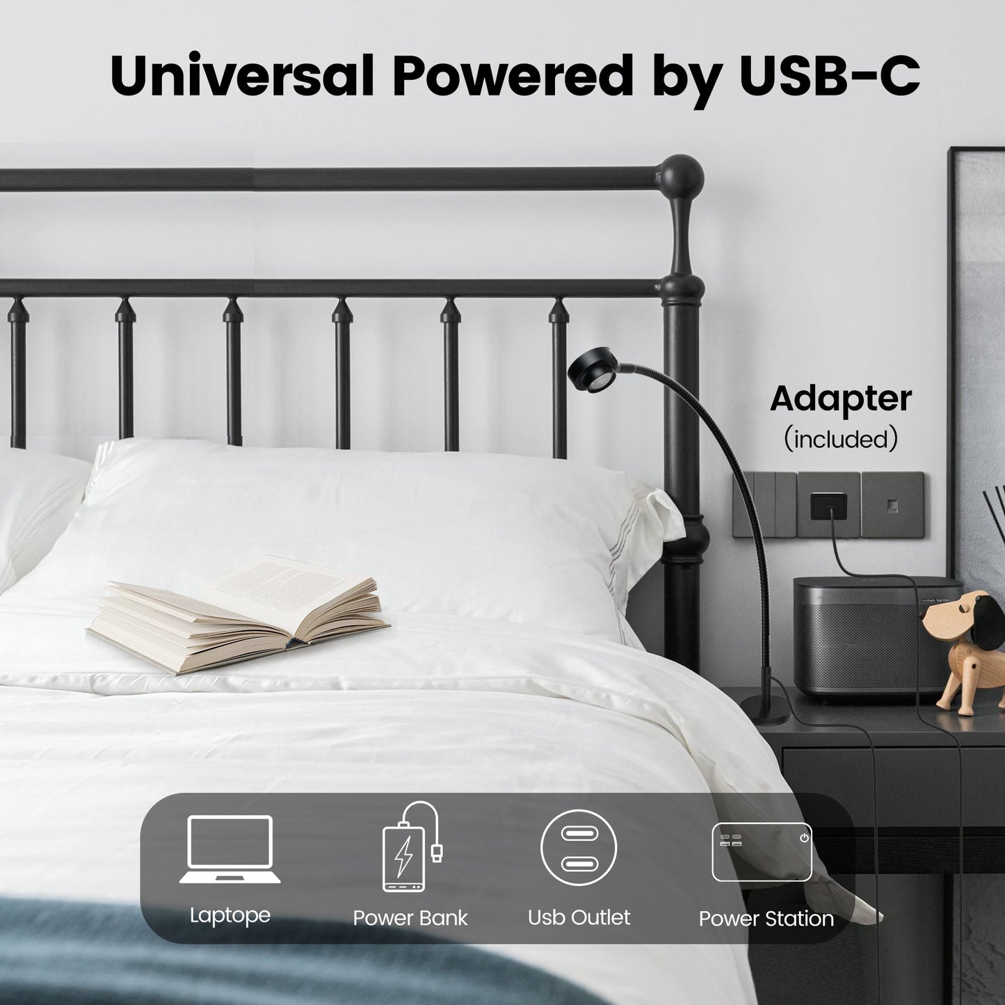 Flexible Reading Light,Book Light,Desk Lamp,Magnetic Base,3 Color Dimmable Gooseneck LED CRI95+ USB-C Adapter Included