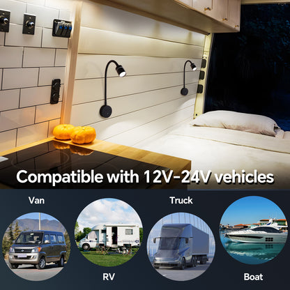 RV 12V LED Reading Light 4000K / Red Nightlight Built-in 20W Type-C Charger