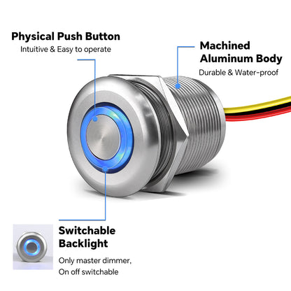 12V PWM Dimmer Switch Recessed Mount All Aluminum Push Button Dimming Switch, Blue Backlight 22mm Drill Hole 6A