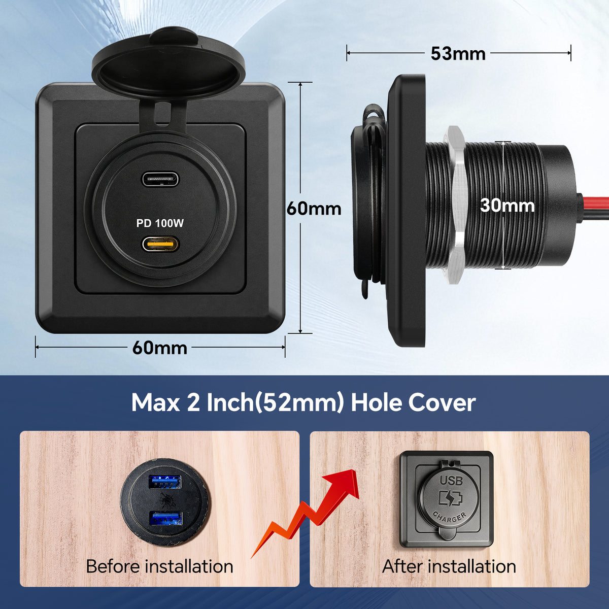 120W 12V USB C Socket 100W PD & 20W PD RV USB Outlet Aluminum