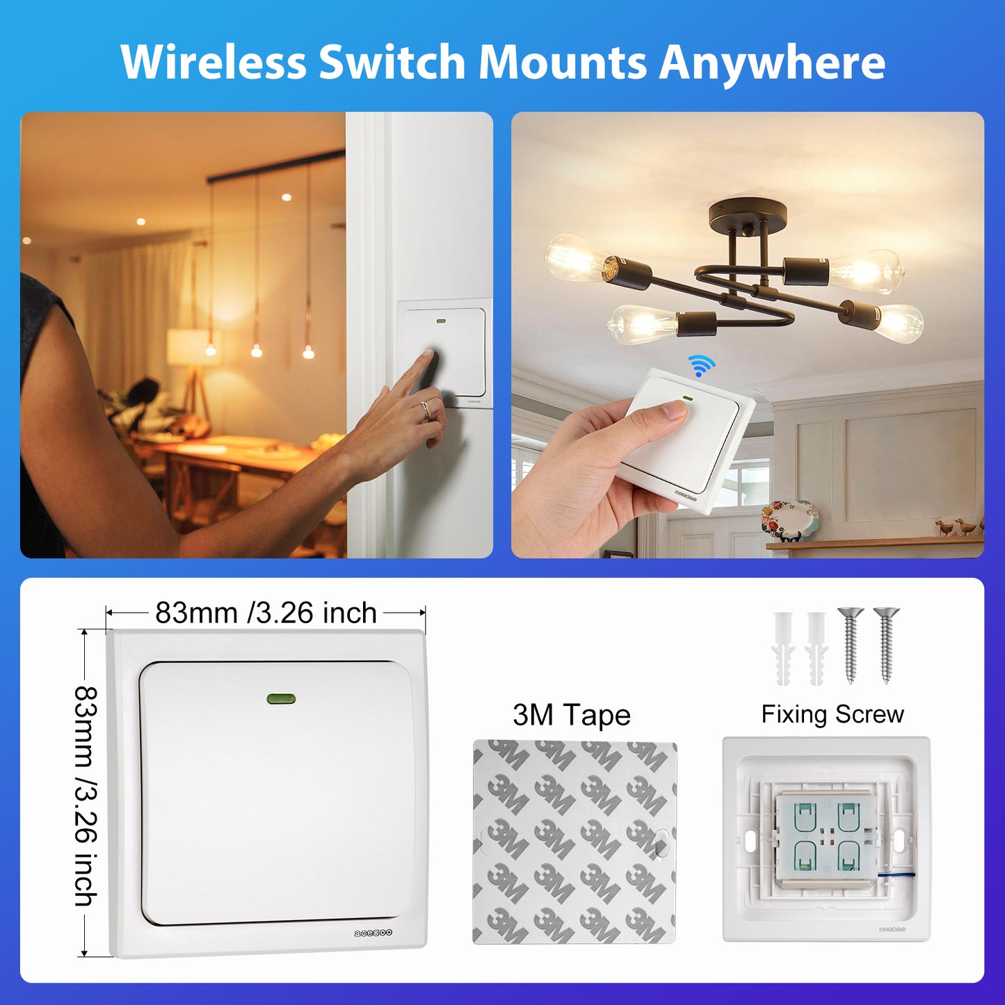 Acegoo Wireless Wall Switch, Self-powered Remote Light Switch, Works with Acegoo Remote Control Receiver (Switch Only)