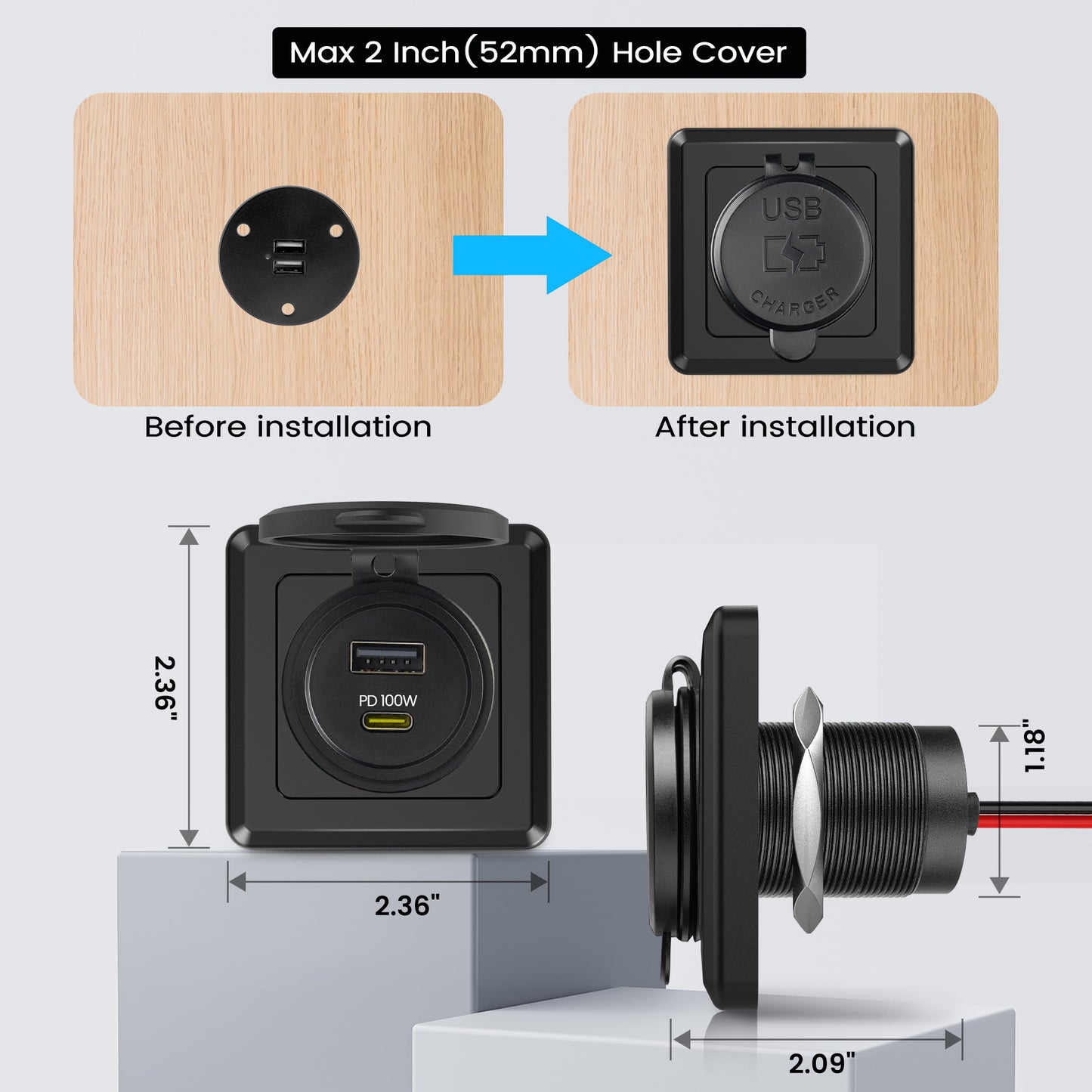118W 12V USB Socket Aluminum Outlet, 100W PD3.0 USB-C & 18W QC3.0 USB-A
