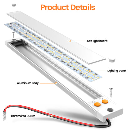 RV 12V LED Light Bar Aluminum, 3CCT (3000K/4000K/6000K) & Red Night Light, Caravan Boat Truck Interior Under Cabinet Light Strip Rigid Linear, Screw Mount