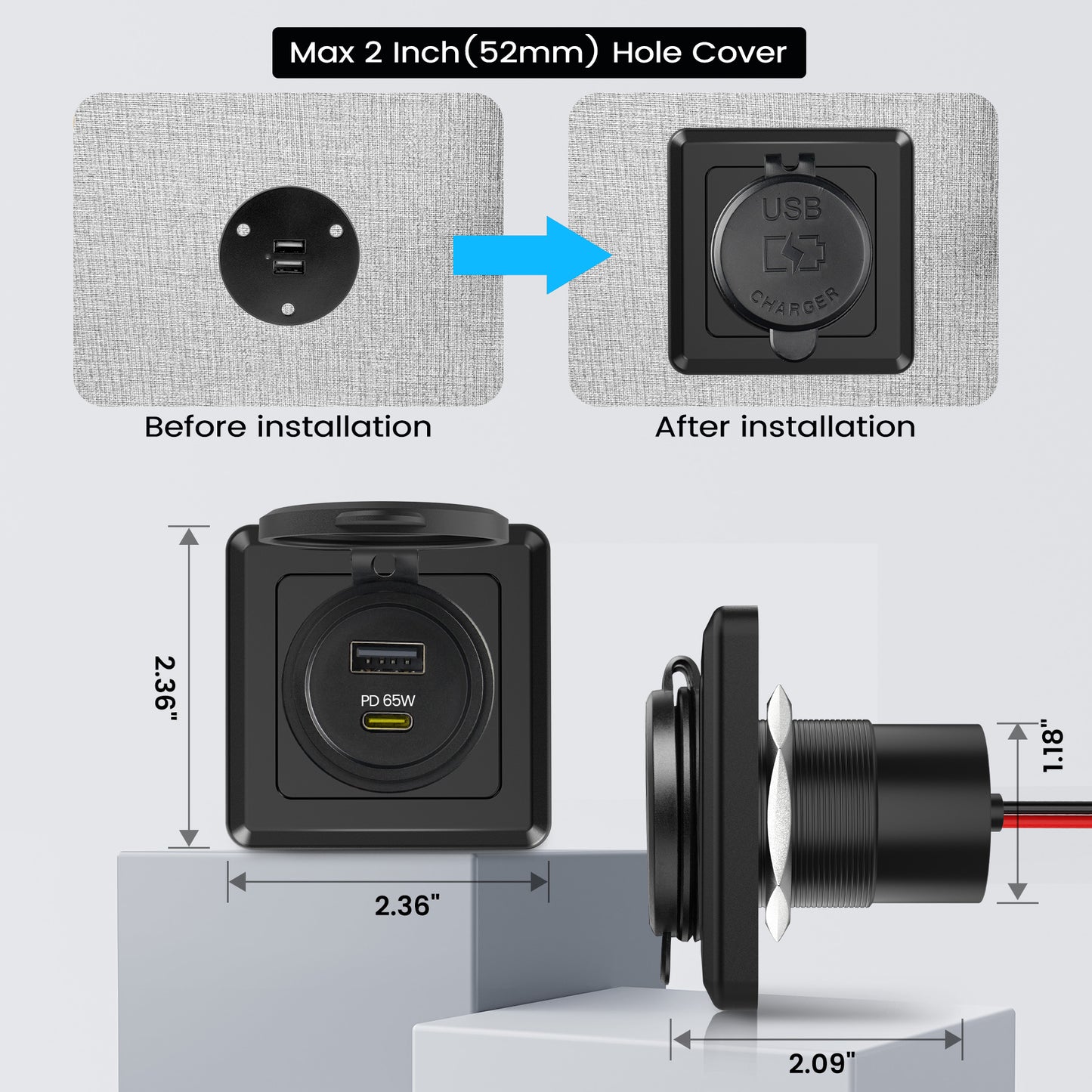 83W 12V USB Socket Outlet, PD3.0 65W+QC3.0 18W