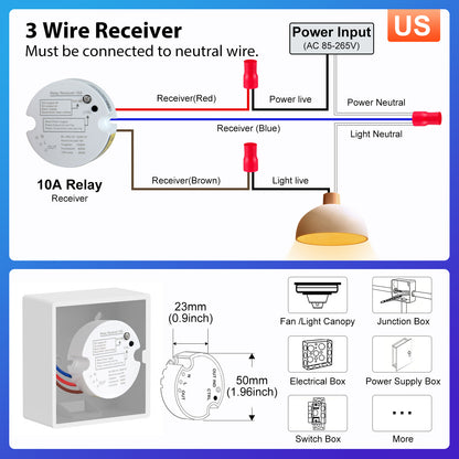 Acegoo Remote Control Receiver 3 Wire Controller AC85-265V Input Max 10A Amps, Works with Wireless Switches (Receiver Only)