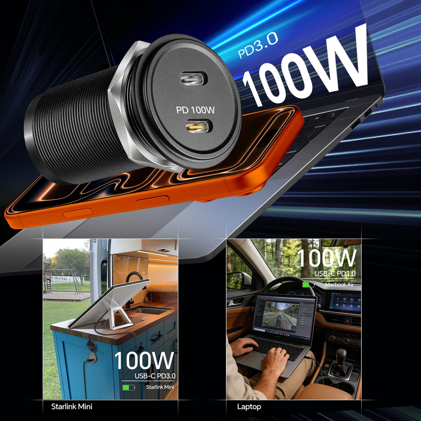 120W 12V USB C Socket 100W PD & 20W PD RV USB Outlet All-Aluminum