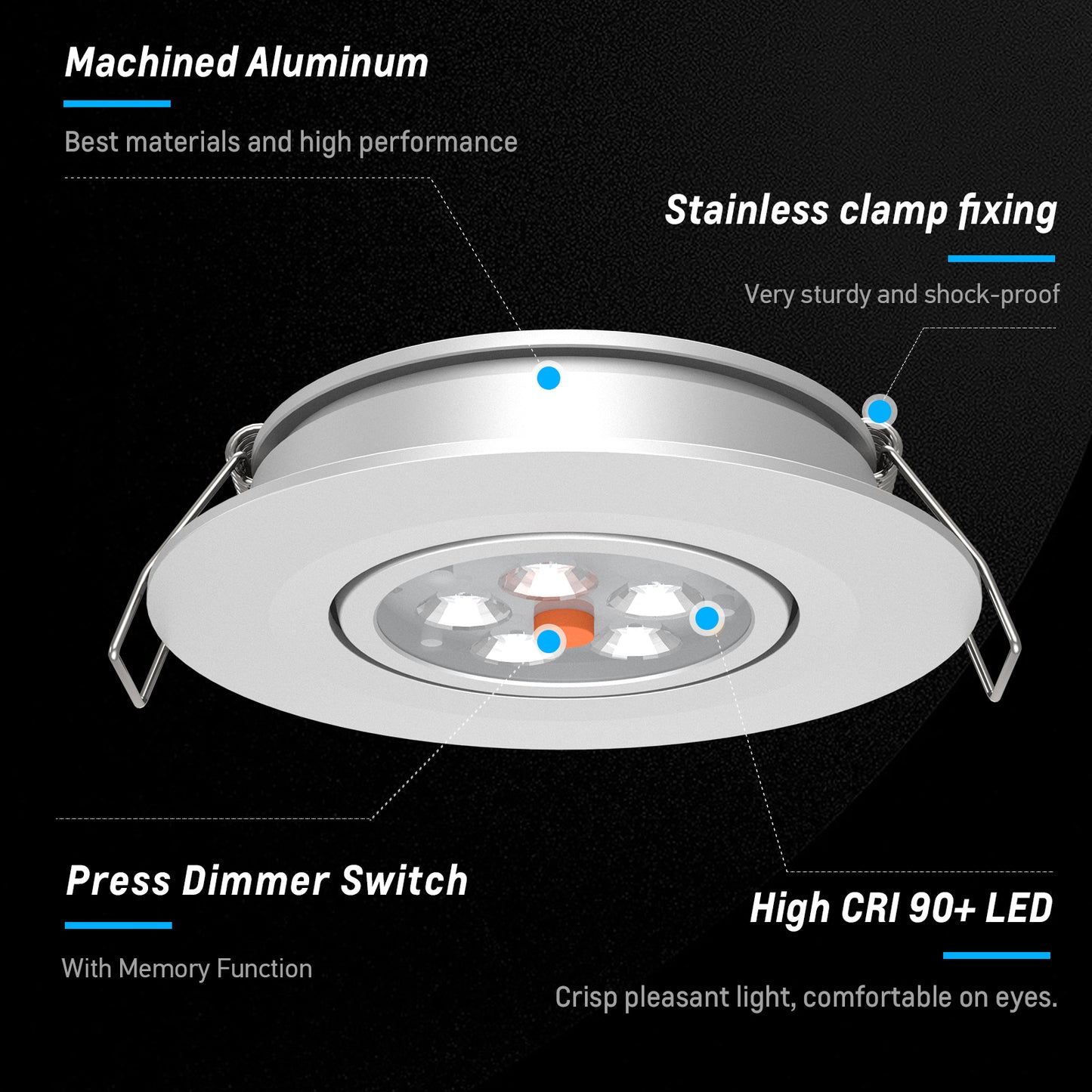 12V LED Puck Light, RV Boat Swivel Recessed LED Interior Light, 36° Beam Angle Vertical 70° Adjustment,Full Aluminum Downlights,3 Inch Inbuilt Dimmer Switch & Red Nightlight, Silver