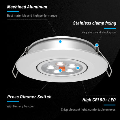 12V LED Puck Light, RV Boat Swivel Recessed LED Interior Light, 36° Beam Angle Vertical 70° Adjustment,Full Aluminum Downlights,3 Inch Inbuilt Dimmer Switch & Red Nightlight, Silver