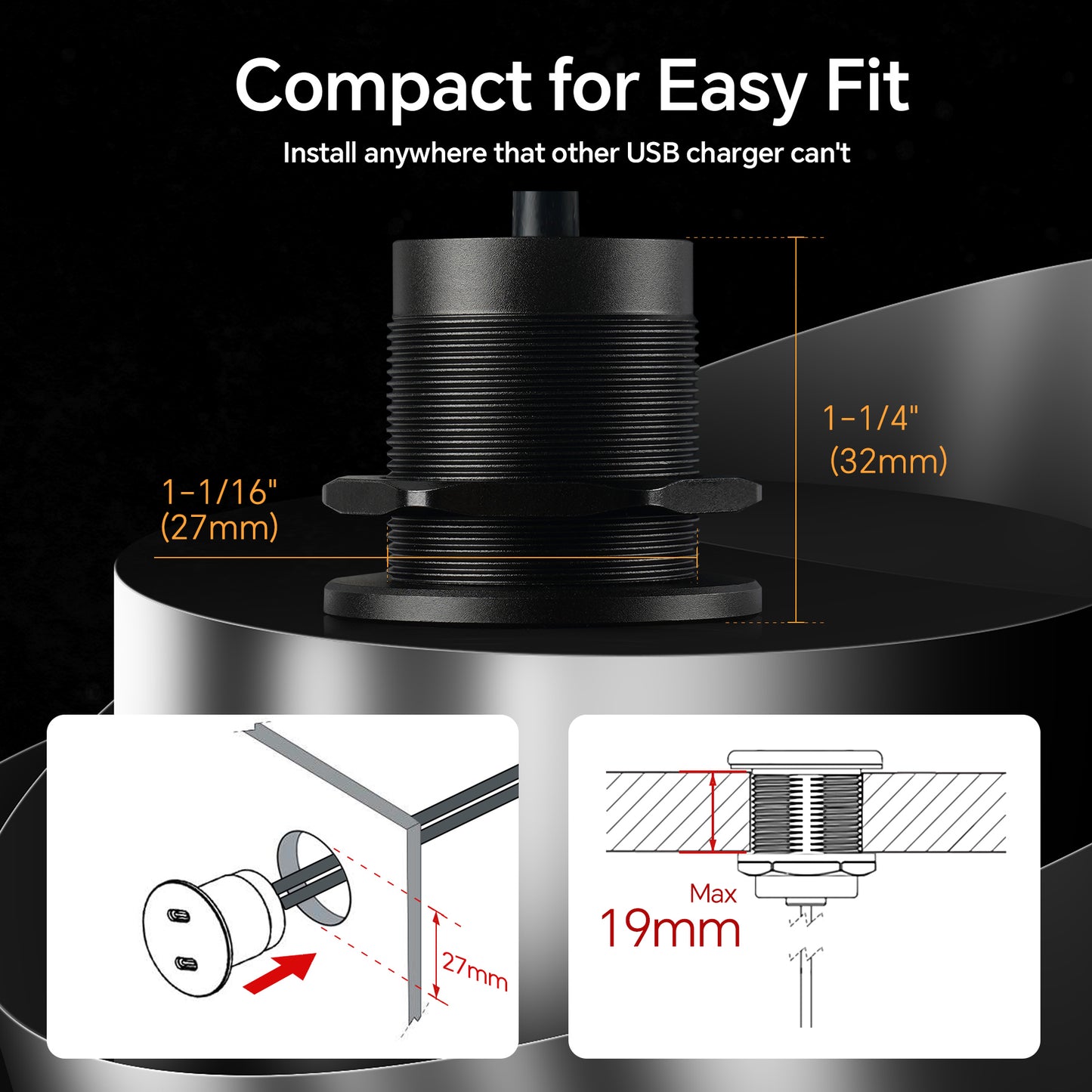 40W 12V USB C Socket, Dual Port USB C PD 3.0 20W Outlet All Aluminum