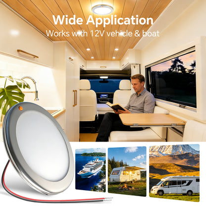 12V Stainless Ceiling Dome Light Campervan Boat 3 CCT 2700K/4000K/6000K Switchable & Dimmable, Surface Mount LED for Motorhome Camper Trailer Interior Lighting