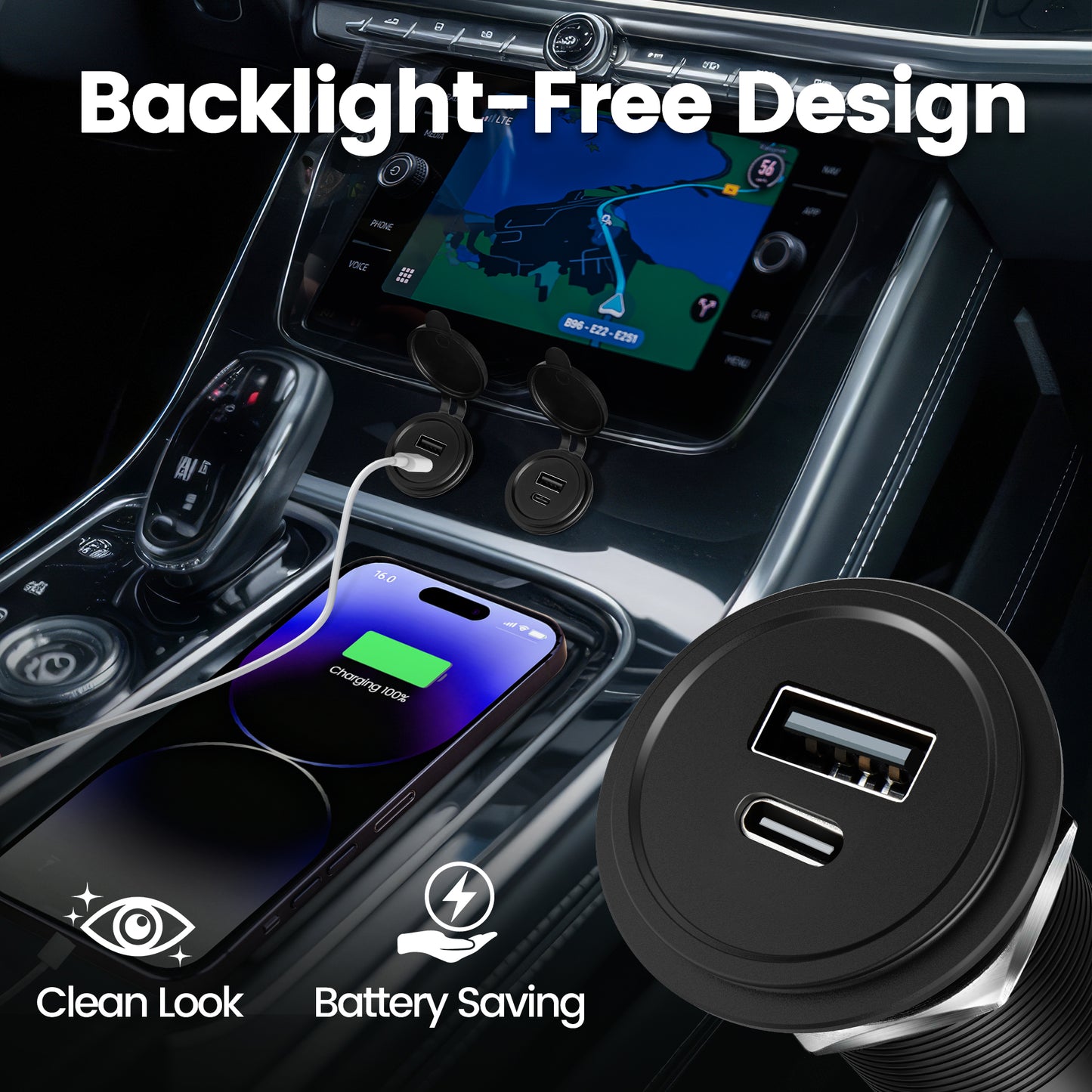 48W 12V USB Socket Outlet, USB C +USB A, Hole 1"(25mm)