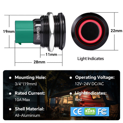 12V ON/OFF Switch 10A Push Button SPST Switch for RV Boat Truck Automotive Lighting, Pre-wired Pigtail 3/4”(19mm) Drill Hole Metal Shell 24V
