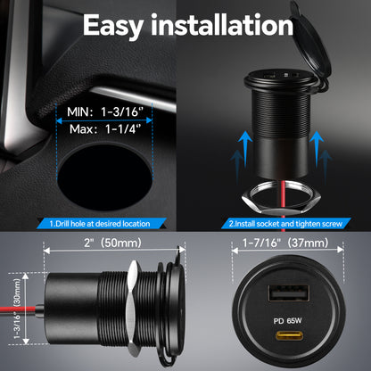 83W 12V USB Socket Outlet, PD3.0 65W+QC3.0 18W