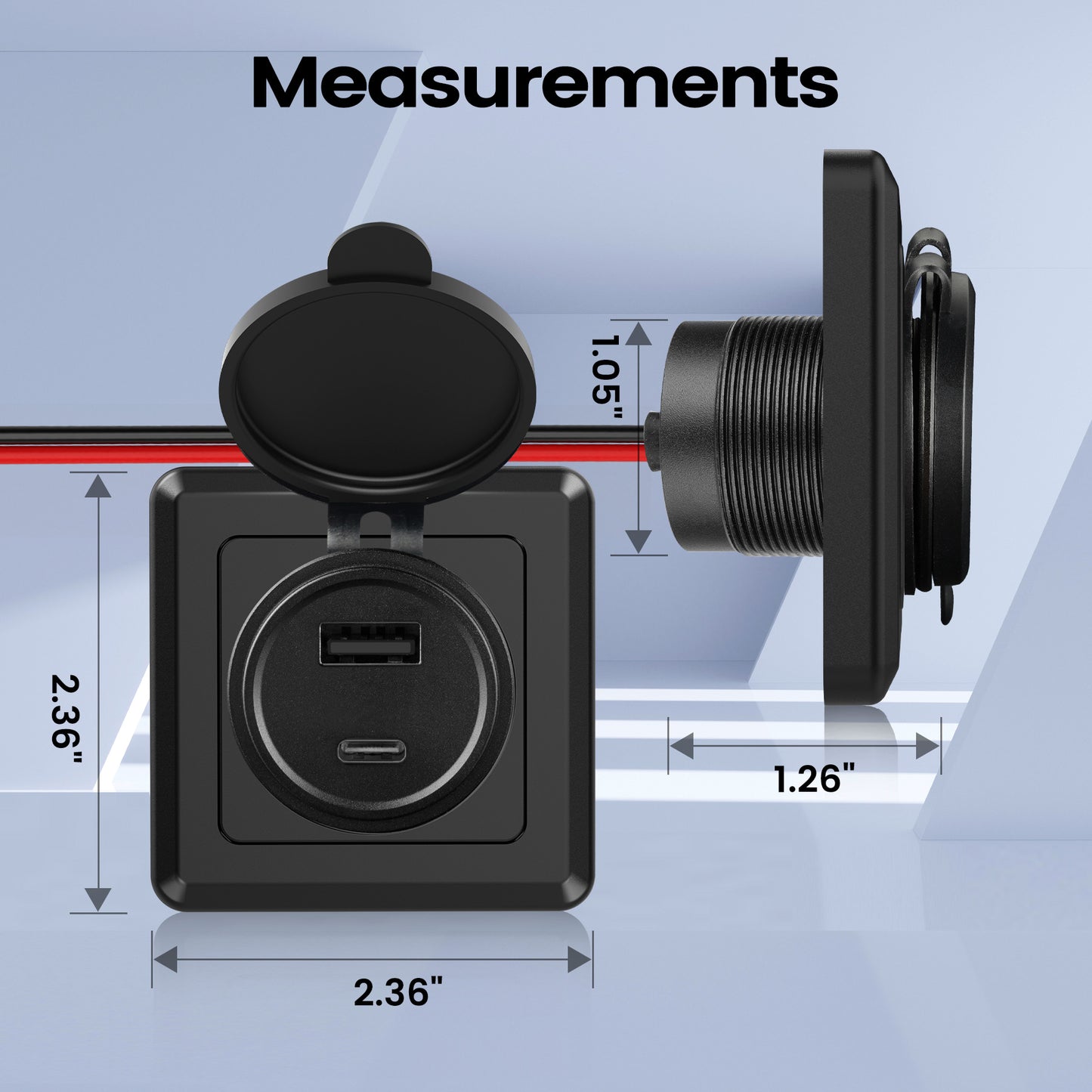 48W 12V USB Socket Outlet, USB C +USB A with Black Faceplate