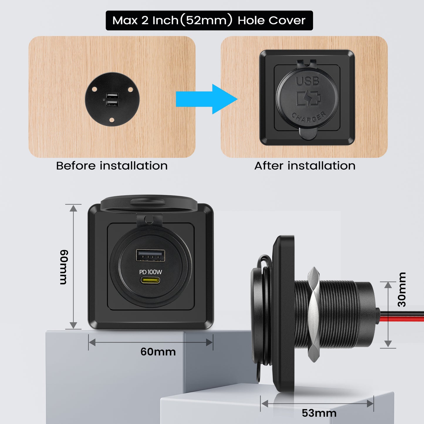 118W 12V USB Socket Aluminum Outlet, 100W PD3.0 USB-C & 18W QC3.0 USB-A