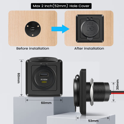 118W 12V USB Socket Aluminum Outlet, 100W PD3.0 USB-C & 18W QC3.0 USB-A